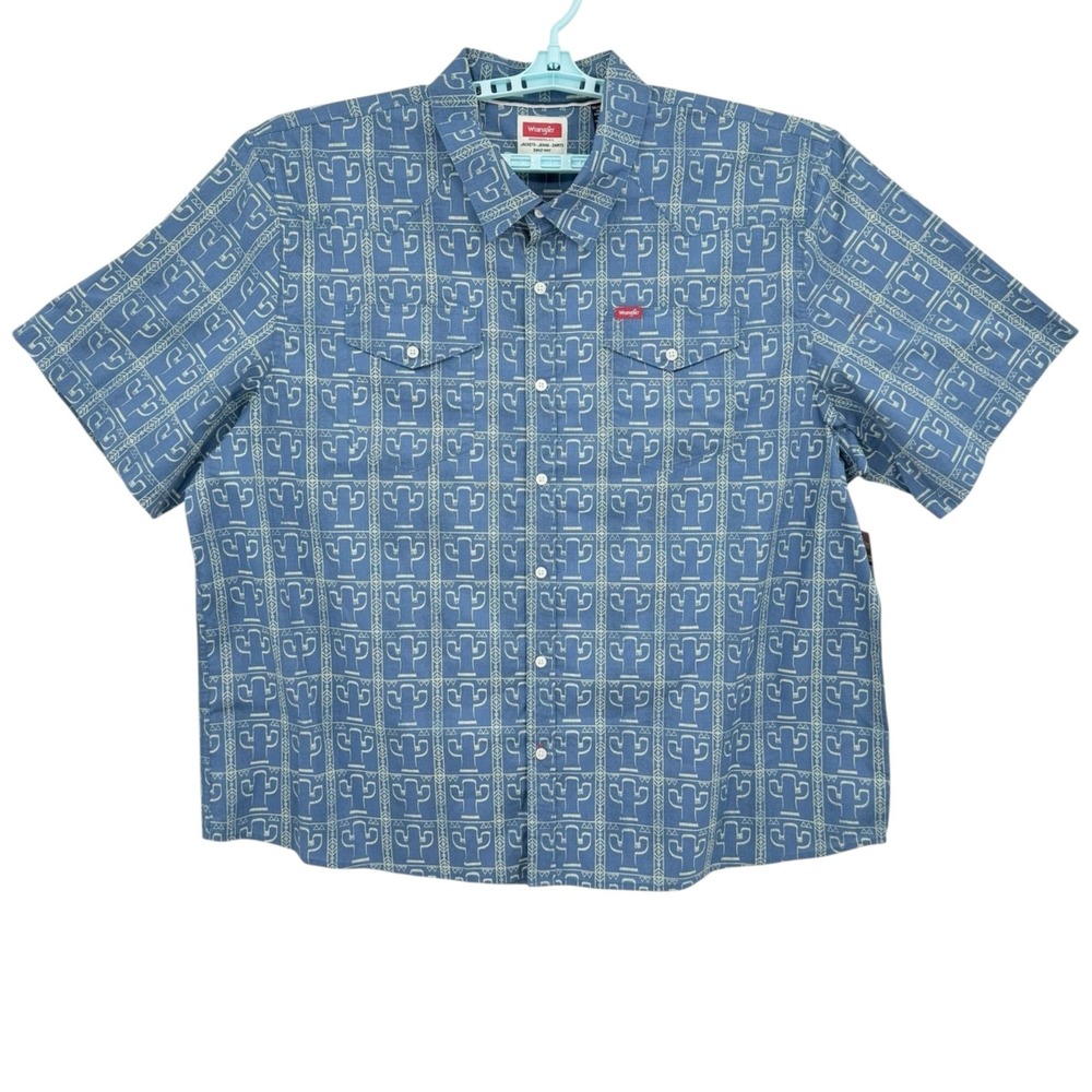 Wrangler Mens Cowboy Short Sleeve Button-up Cactus Print Blue Shirt Size 3XL NWT